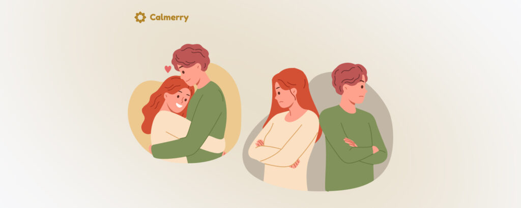 This image shows a couple with a disorganised attachment style. The couple on the left is hugging, representing a secure attachment style. The situation on the right indicates an anxious and avoidant attachment style in the couple, with both standing with arms crossed, facing away from each other, and looking away.