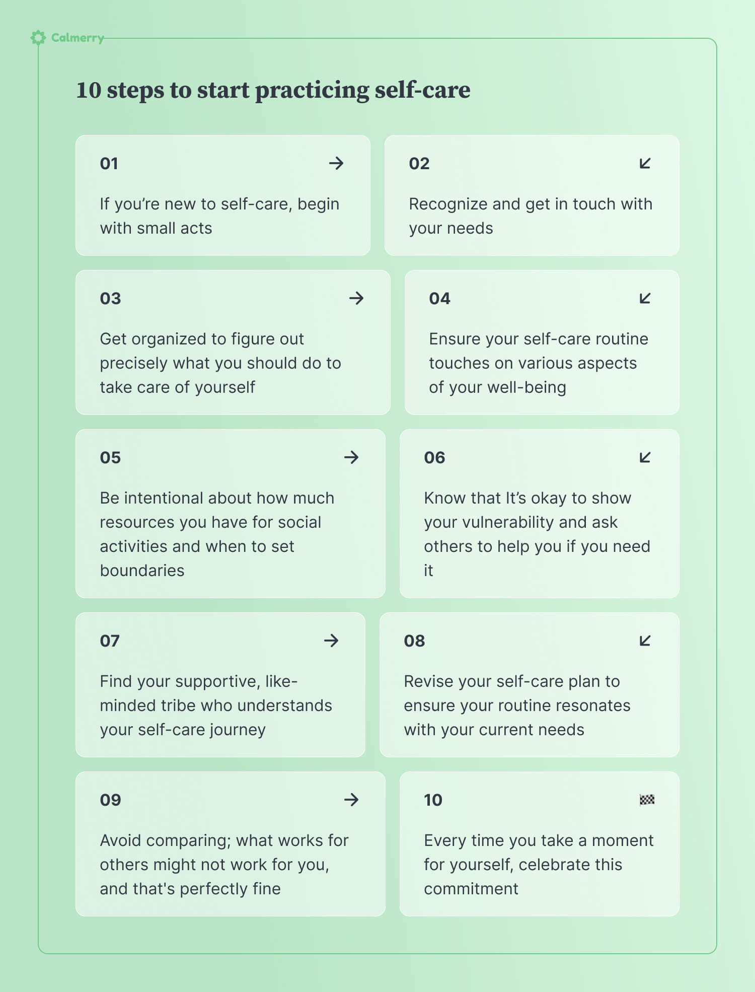 0 steps to start practicing self-care
If you’re new to self-care, begin with small acts
Recognize and get in touch with your needs
Get organized to figure out precisely what you should do to take care of yourself
Ensure your self-care routine touches on various aspects of your well-being
Be intentional about how much resources you have for social activities and when to set boundaries
Know that It’s okay to show your vulnerability and ask others to help you if you need it
Find your supportive, like-minded tribe who understands your self-care journey
Revise your self-care plan to ensure your routine resonates with your current needs
Avoid comparing; what works for others might not work for you, and that's perfectly fine
Every time you take a moment for yourself, celebrate this commitment