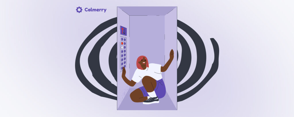 An illustrated image representing claustrophobia. Set against a muted lavender background, large dark concentric circles close in towards the center, symbolizing the sensation of being enclosed or trapped. In the middle, an elevator with its door open reveals a person with reddish-pink hair, looking anxious and distressed. They sit crouched with their arms spread out, as if trying to push the enclosing walls away. The control panel on the elevator shows a series of buttons with one highlighted as 'N'. The logo of 'Calmerry' is positioned on the top left corner of the image. The overall design conveys the overwhelming feeling experienced by someone with claustrophobia