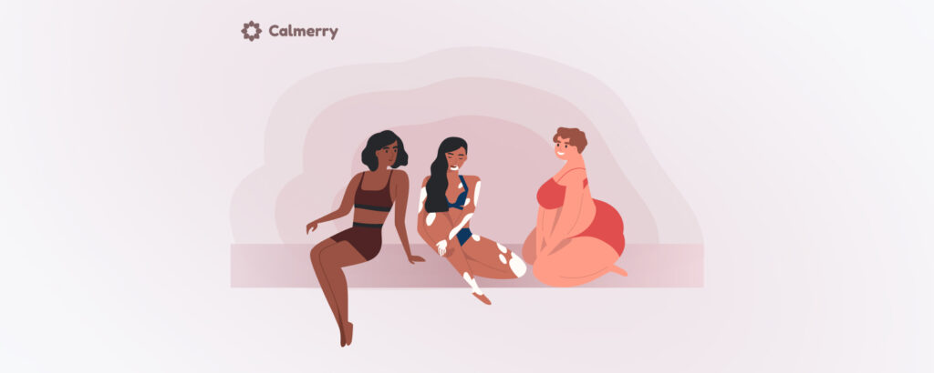Different beautiful girls sitin different poses. Every body is beautiful. Women of different weight, height and skin color.