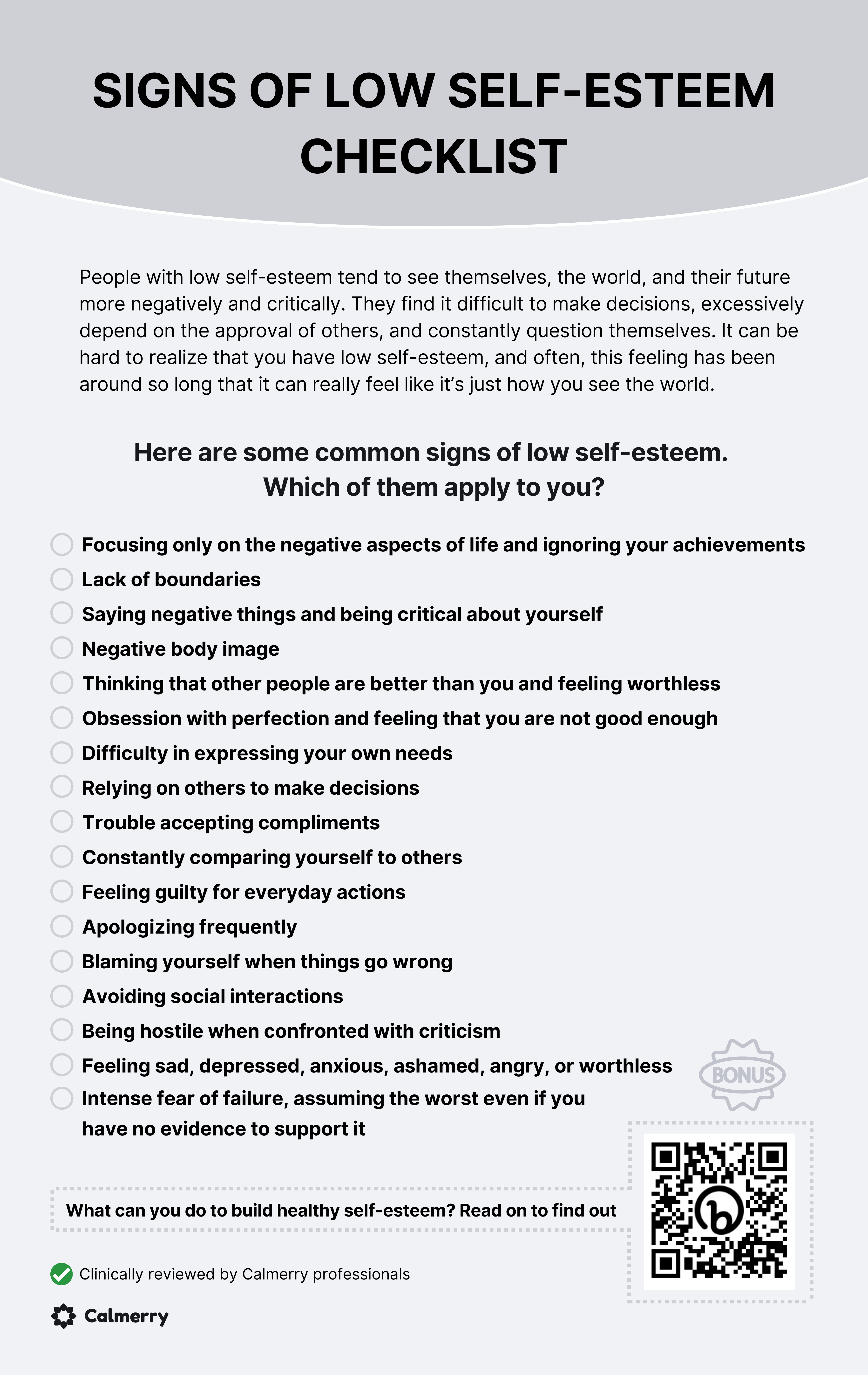 Signs of Low Self-Esteem Checklist Worksheet