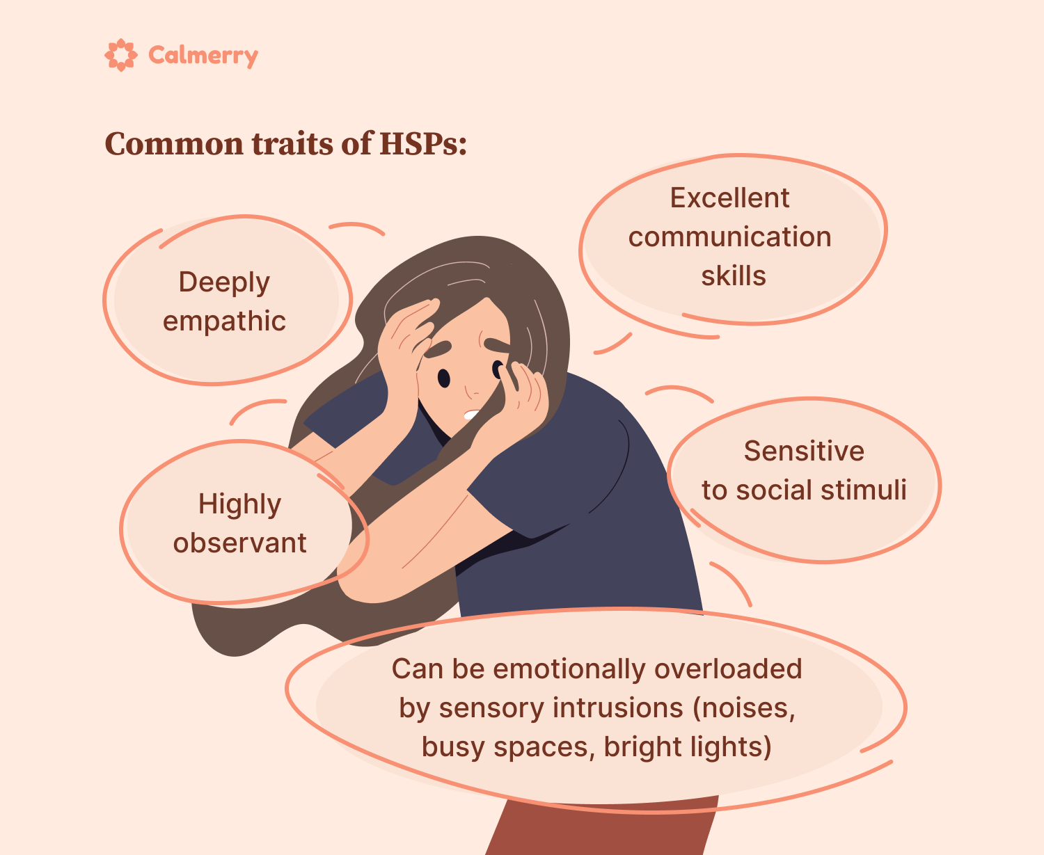 The common traits of a highly sensitive person (HSP) are: great observational skills, deep empathy, excellent at communication, sensitivity to social stimuli and propensity to be overloaded by sensory intrusions (noises, busy spaces, bright lights)