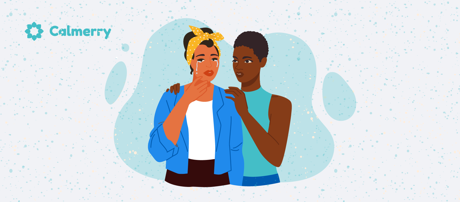 This image depicts two individuals in a supportive interaction. On the left is a person with darker skin wearing a blue jacket and a yellow polka-dot headband. They appear distressed, with a hand to their face and a tear visible. On the right is a person with darker skin and short hair, wearing a teal shirt, who has a hand on the other's shoulder in a comforting gesture. The illustration style is simple and modern, using bold colors and simplified shapes. The image conveys themes of emotional support, compassion, and possibly mental health awareness or counseling services.