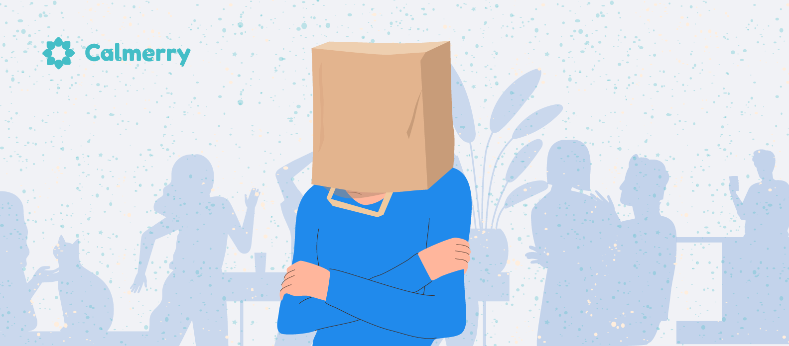 This image illustrates the concept of social anxiety or feeling isolated in a crowd. The central figure wears a bright blue shirt and has a paper bag over their head, symbolizing a desire to hide. The overall style is minimalist and uses a limited color palette, primarily blue and beige tones with a speckled background texture.
This illustration effectively conveys feelings of social discomfort, alienation, and the struggle some people face in social situations.