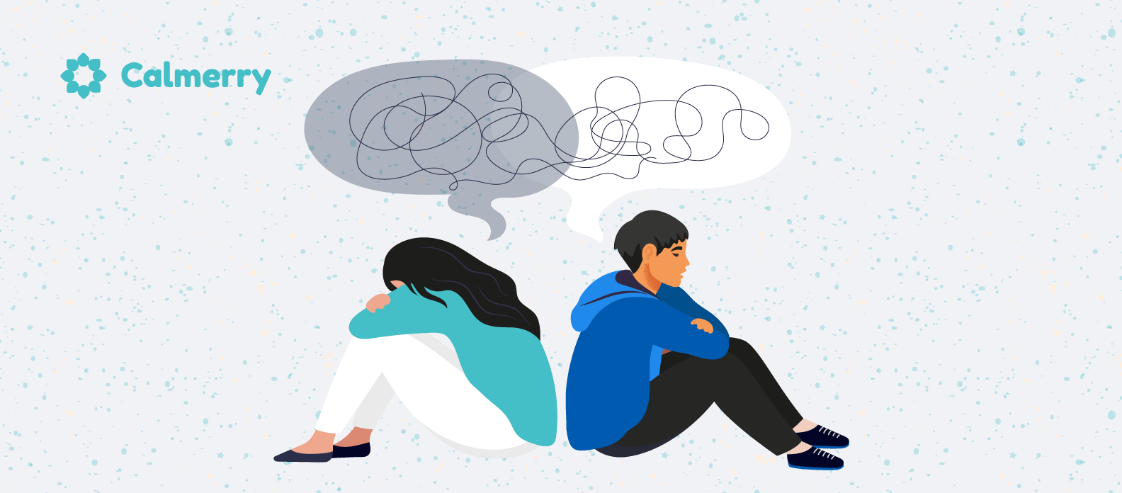 This image illustrates the struggle to build relationships. It shows two people sitting back-to-back, appearing disconnected or upset. Above them are speech bubbles containing tangled lines, symbolizing confused thoughts or complex, muddled communication.
The figure on the left wears teal and white, while the one on the right is in blue and black. Their body language - hunched over, arms around knees - suggests emotional distress or withdrawal.
This illustration effectively conveys themes of miscommunication, emotional distance, and relationship struggles.