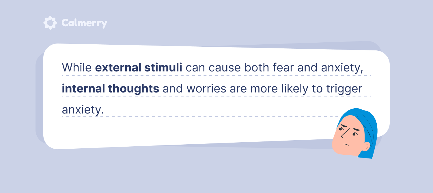 The image features the "Calmerry" logo in the top left corner. There is a speech bubble that contains the following text: "While external stimuli can cause both fear and anxiety, internal thoughts and worries are more likely to trigger anxiety." Alongside the text, on the bottom right side of the image, is a graphic of a person with blue hair, appearing pensive or worried, looking upwards, which visually represents the theme of internal thoughts and anxiety.