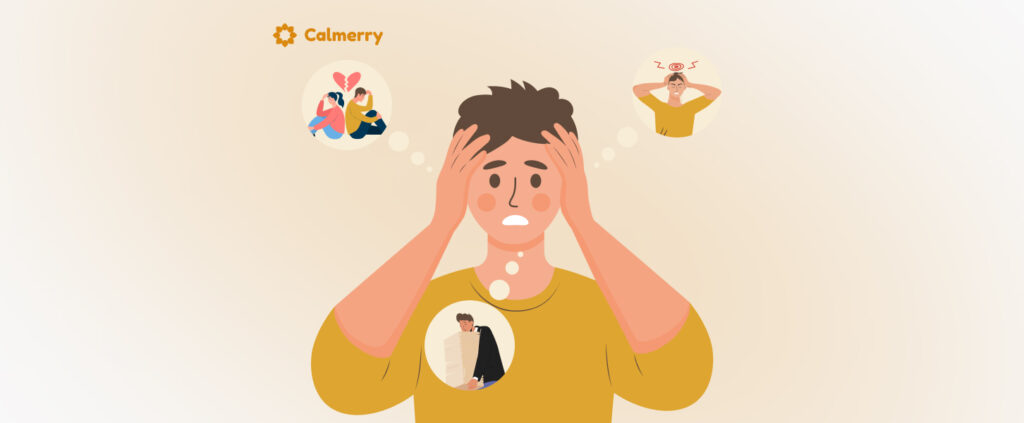 This image depicts a person experiencing emotional distress. The central figure, wearing a yellow shirt, has their hands on their head in a gesture of frustration or anxiety. Above them are thought bubbles showing various stressful scenarios: a couple arguing, a person looking overwhelmed, and the individual themselves in a dejected posture. The overall composition suggests the person is overwhelmed by negative thoughts and feelings, encapsulating the sentiment "I want to run away." This desire to escape is implied by the person's body language and the troubling scenarios they seem to be imagining or remembering. The image is branded with "Calmerry" at the top, suggesting it may be related to a mental health or wellness service aimed at helping people cope with such overwhelming emotions.