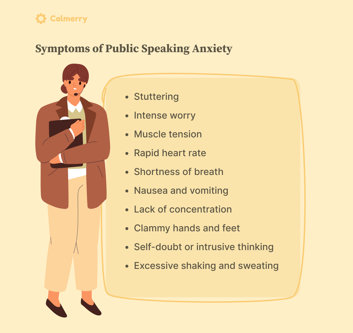 everyone experiences public speaking anxiety differently, but there are a few common symptoms that are worth mentioning