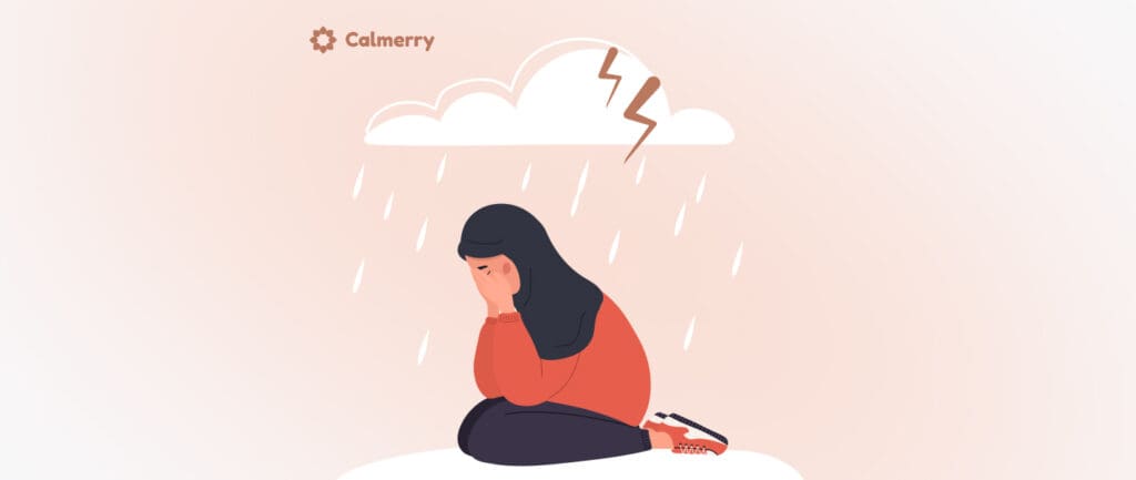 The image depicts a person feeling down. A woman with long dark hair sits hunched over, her face hidden, beneath a storm cloud raining on her. She's wearing a red sweater and appears distressed or sad. The illustration has a soft, muted color palette and a minimalist style. The word "Calmerry" is displayed at the top, suggesting this may be related to mental health or emotional support services.