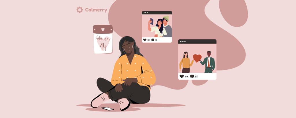 A black woman is struggling with a feeling of loneliness on Valentine’s Day, being surrounded by cheesy couples social media posts