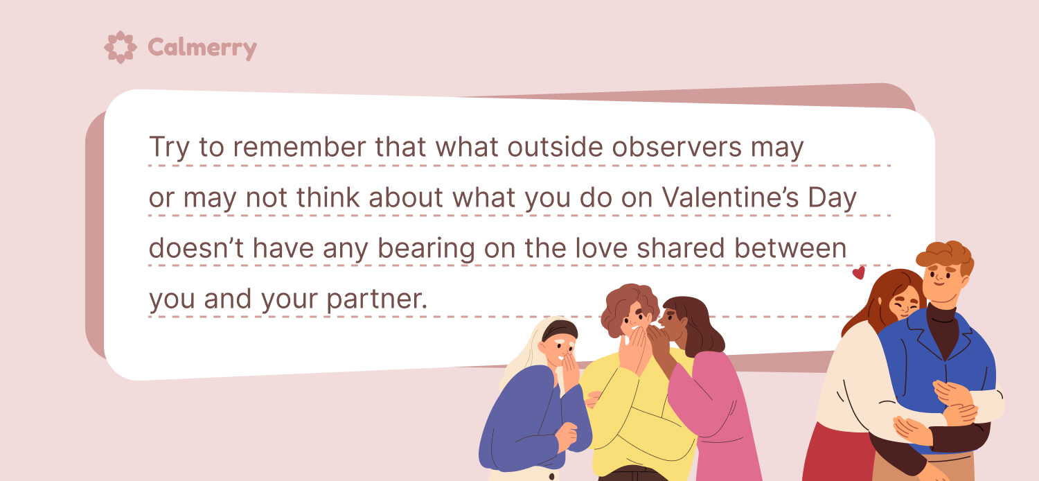 Three women are gossiping about a couple and how the couple is spending their Valentine’s Day
