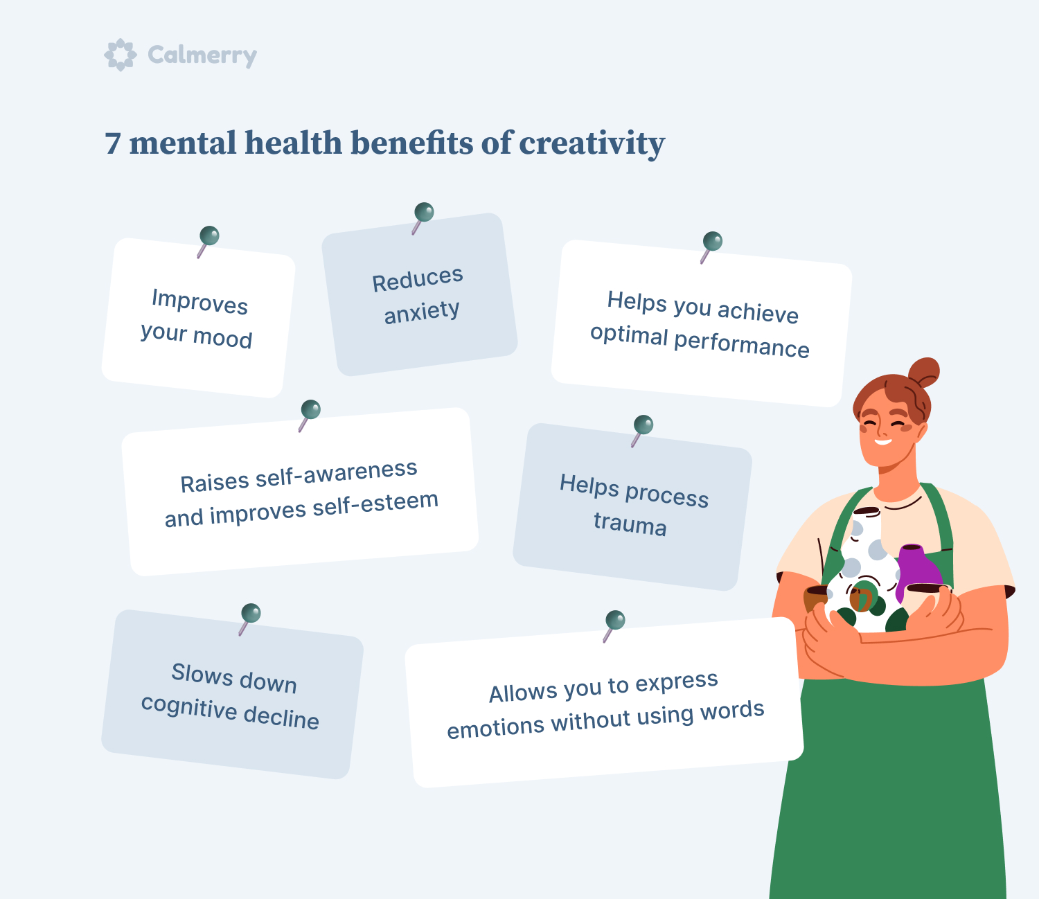 Table with 7 mental health benefits of creativity