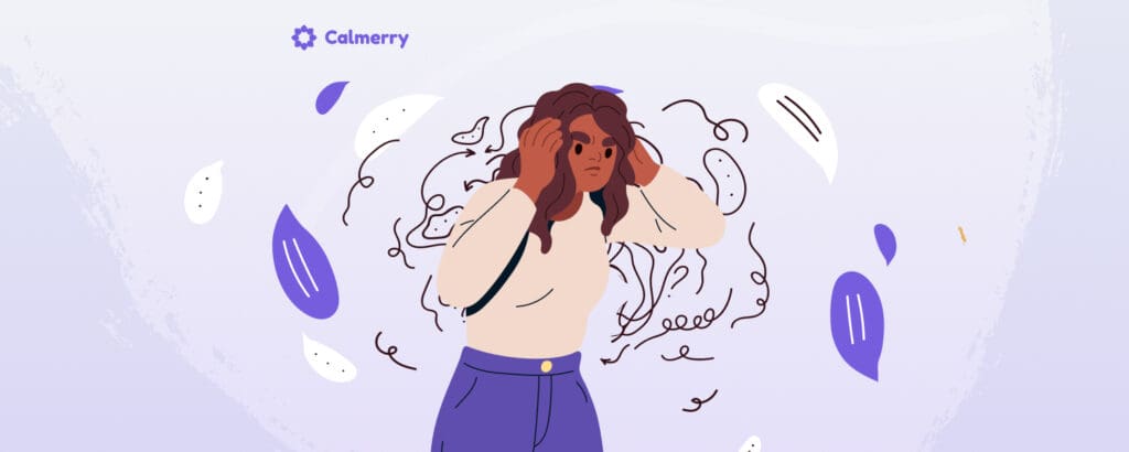 This image depicts a person experiencing overwhelming anxiety, illustrated through their body language and surrounding visual elements. The figure, wearing a cream-colored top and purple pants, has their hands pressed against their head in a gesture of distress. Swirling, chaotic lines surround their head, symbolizing racing thoughts or mental turbulence. The person's expression and posture effectively convey the sensation of being overwhelmed and struggling with anxious thoughts.