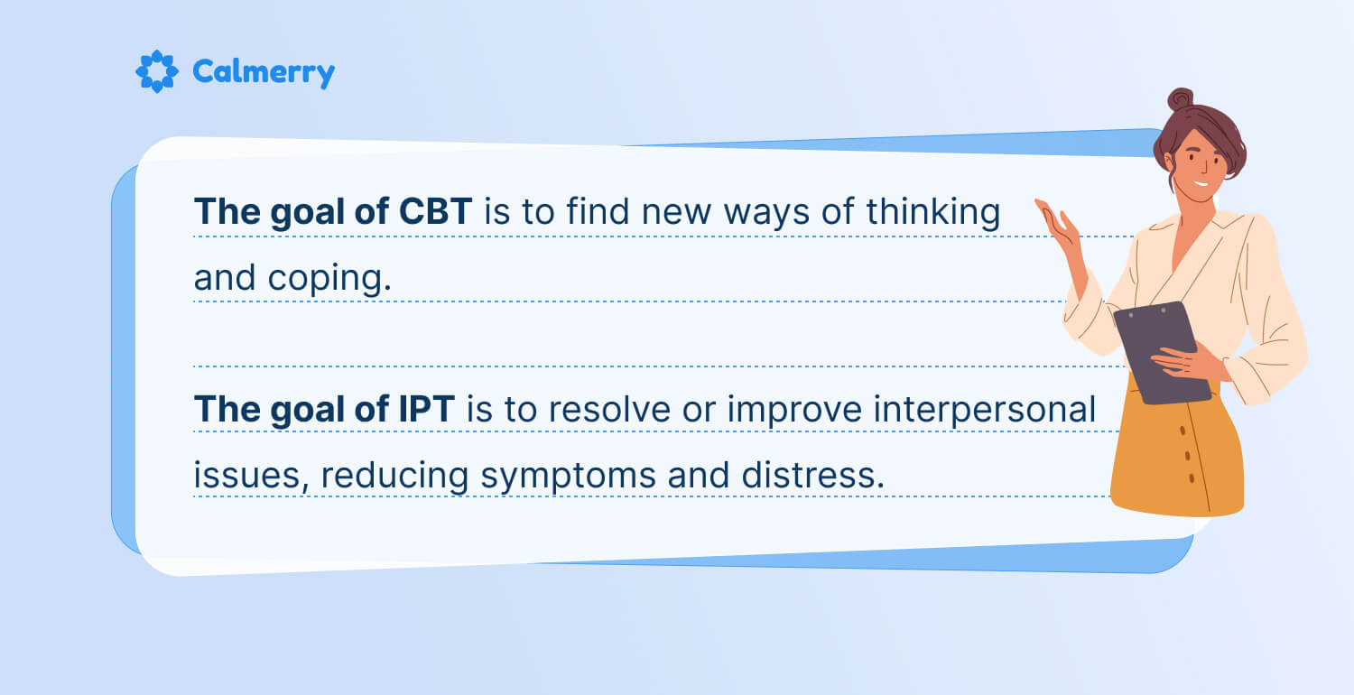 The goal of CBT is to find new ways of thinking and coping. The goal of IPT is to resolve or improve interpersonal issues, reducing symptoms and distress. 