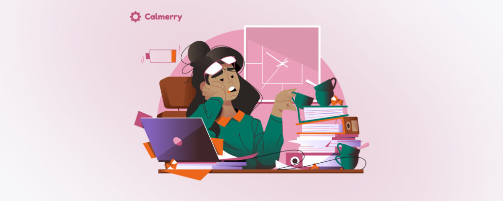An illustration of a stressed and burned-out woman at a cluttered desk. She wears glasses reflecting a glaring screen and is surrounded by overflowing cups of coffee, a heap of books, and scattered papers. She appears overwhelmed, holding her forehead with one hand and a tiny coffee cup in the other, while a laptop and other office supplies add to the chaotic setting. The background features a soft pink wall with an abstract clock design, symbolizing the pressure of time.