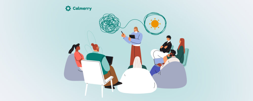 A vibrant illustration representing mental health awareness in the workplace. The setting features a group of diverse individuals engaged in a group discussion, seated in a semi-circle arrangement. In the center stands a facilitator, holding a tablet and giving a thumbs up. Above her, a visual metaphor is presented: a tangled, chaotic line gradually transforming into a clear, sunlit circle, symbolizing the journey from confusion to clarity. The light blue background offers a calming ambiance, while the 'Calmerry' logo is positioned in the top left corner, indicating the brand's association with the initiative