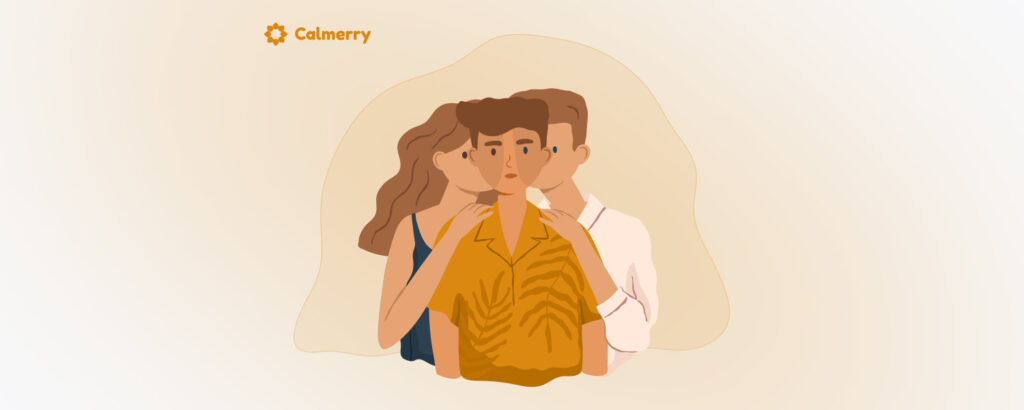 An illustrative representation of enmeshment trauma. Two figures of parents, appear entangled with each other in a web of interconnected lines with their adult child, symbolizing the blurring of boundaries and emotional attachment that characterizes enmeshment trauma. The smaller figure is enveloped by the larger one, conveying a sense of emotional suffocation. The muted background features a mix of light and dark colors, adding to the emotional intensity of the image. The 'Calmerry' logo is placed in the top left corner, suggesting a therapeutic or counseling context.