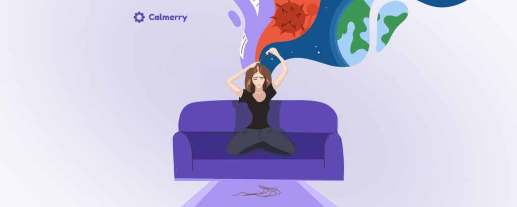 A woman sits cross-legged on a purple couch, her hands clutching her head in distress. Above her, abstract images swirl, including a spiked red sphere, a blue fluid shape, and portions of a green globe. These elements seem to symbolize the overwhelming and intrusive existential compulsions and obsessions.