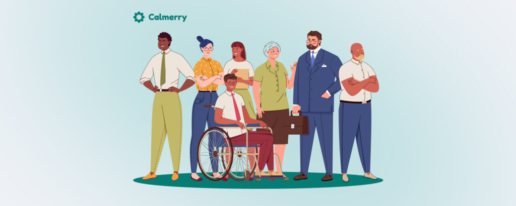 A diverse group of illustrated employees stand together against a light blue background and celebrate NDEAM. From left to right: A tall man in a white shirt and green trousers, a young woman with glasses and a ponytail, a woman with shoulder-length hair wearing a yellow blouse, a young man in a wheelchair with glasses holding a briefcase, an elderly woman with wavy gray hair in a green blouse, a bearded man in a suit, and an elderly bald man in a white shirt holding a folded paper. The logo 'Calmerry' appears at the top