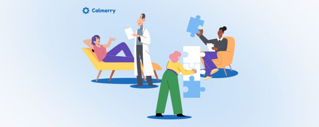 An illustration depicting the differences between behavioral and cognitive therapy. On the left, a woman reclines on a lounge chair, symbolizing introspection, while in the center, a therapist engages with puzzle pieces, representing the process of piecing together thoughts and behaviors. On the right, a woman sits in a chair reading a book, symbolizing self-awareness and learning.