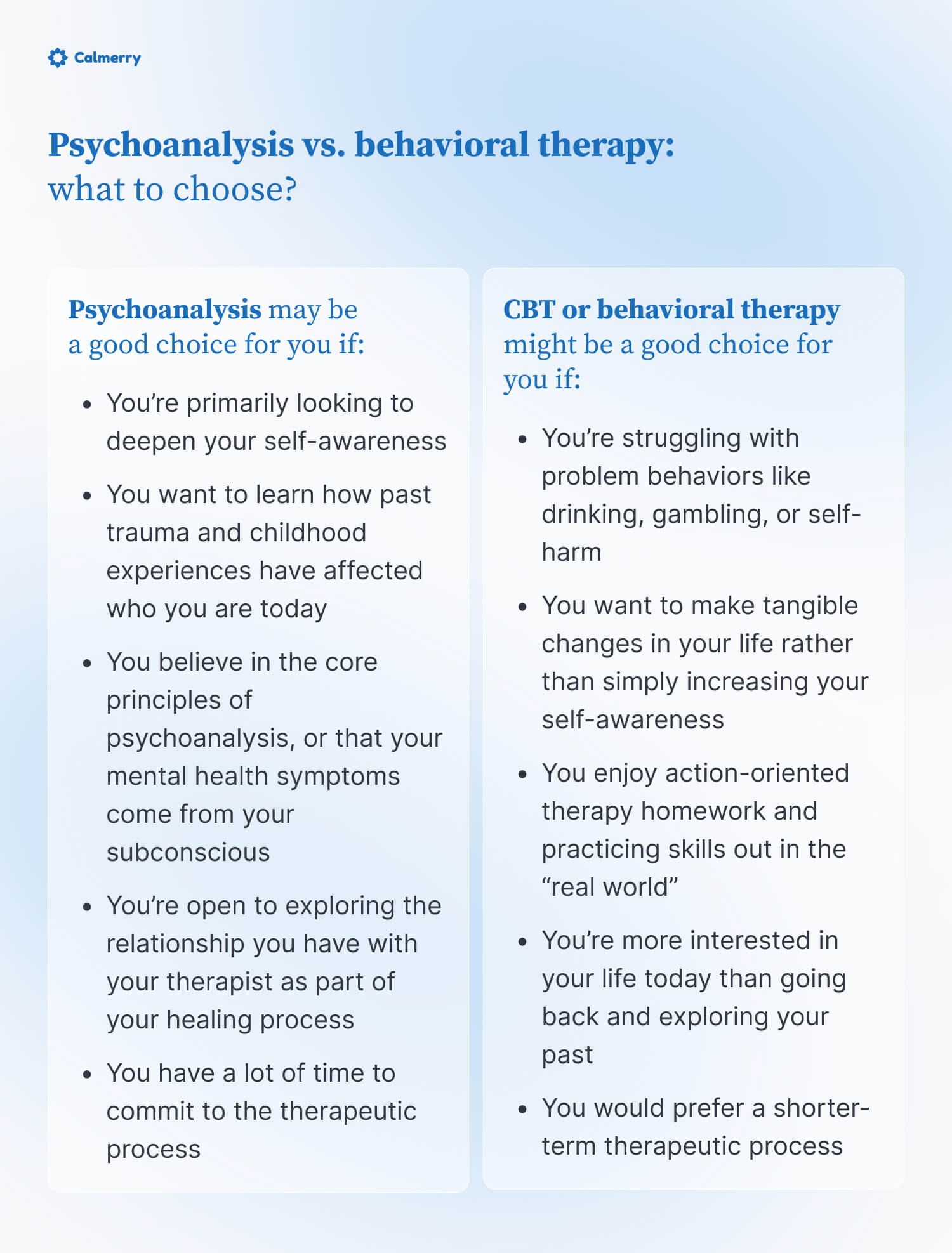 Psychoanalysis vs. behavioral therapy: what to choose?  Psychoanalysis may be a good choice for you if:  You’re primarily looking to deepen your self-awareness You want to learn how past trauma and childhood experiences have affected who you are today You believe in the core principles of psychoanalysis, or that your mental health symptoms come from your subconscious You’re open to exploring the relationship you have with your therapist as part of your healing process You have a lot of time to commit to the therapeutic process  CBT or behavioral therapy might be a good choice for you if:  You’re struggling with problem behaviors like drinking, gambling, or self-harm You want to make tangible changes in your life rather than simply increasing your self-awareness You enjoy action-oriented therapy homework and practicing skills out in the “real world” You’re more interested in your life today than going back and exploring your past You would prefer a shorter-term therapeutic process