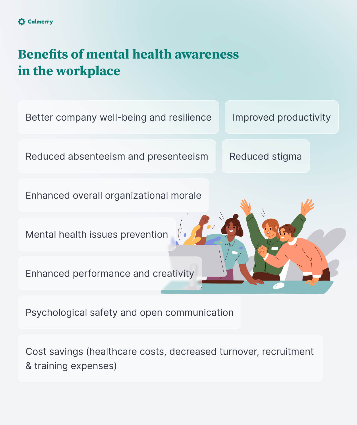 A vibrant illustration representing mental health awareness in the workplace. The setting features a group of diverse individuals engaged in a group discussion, seated in a semi-circle arrangement. In the center stands a facilitator, holding a tablet and giving a thumbs up. Above her, a visual metaphor is presented: a tangled, chaotic line gradually transforming into a clear, sunlit circle, symbolizing the journey from confusion to clarity. The light blue background offers a calming ambiance, while the 'Calmerry' logo is positioned in the top left corner, indicating the brand's association with the initiative