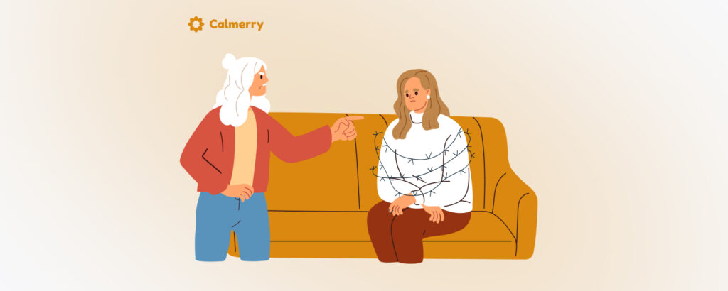 An older woman, an overbearing mother, gesturing towards a younger woman, who is seated on a couch wrapped in restrictive lines, symbolizing the feeling of being constrained or controlled.
