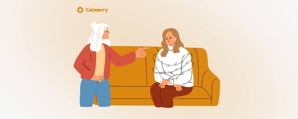 An older woman, an overbearing mother, gesturing towards a younger woman, who is seated on a couch wrapped in restrictive lines, symbolizing the feeling of being constrained or controlled.