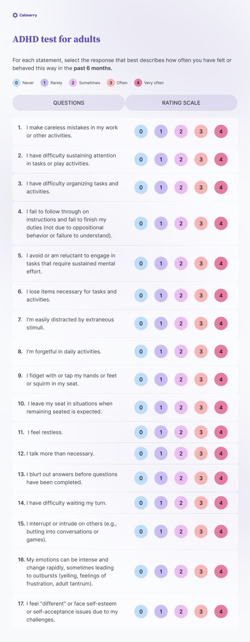 Online adhd test self assessment by calmerry