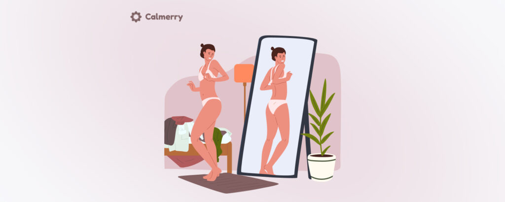 A woman in her underwear is looking at herself in a large mirror with horror and disgust, not accepting her appearance because of her body's flaws.