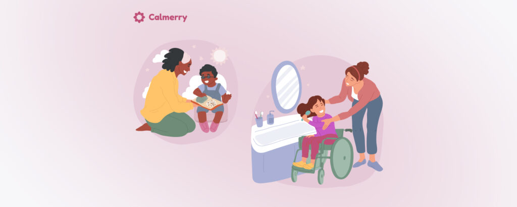 There are two illustrations: in the first, a mother is doing an exercise with her blind son to develop sensory skills. In the second, a mother is helping her daughter in a wheelchair to comb her hair.