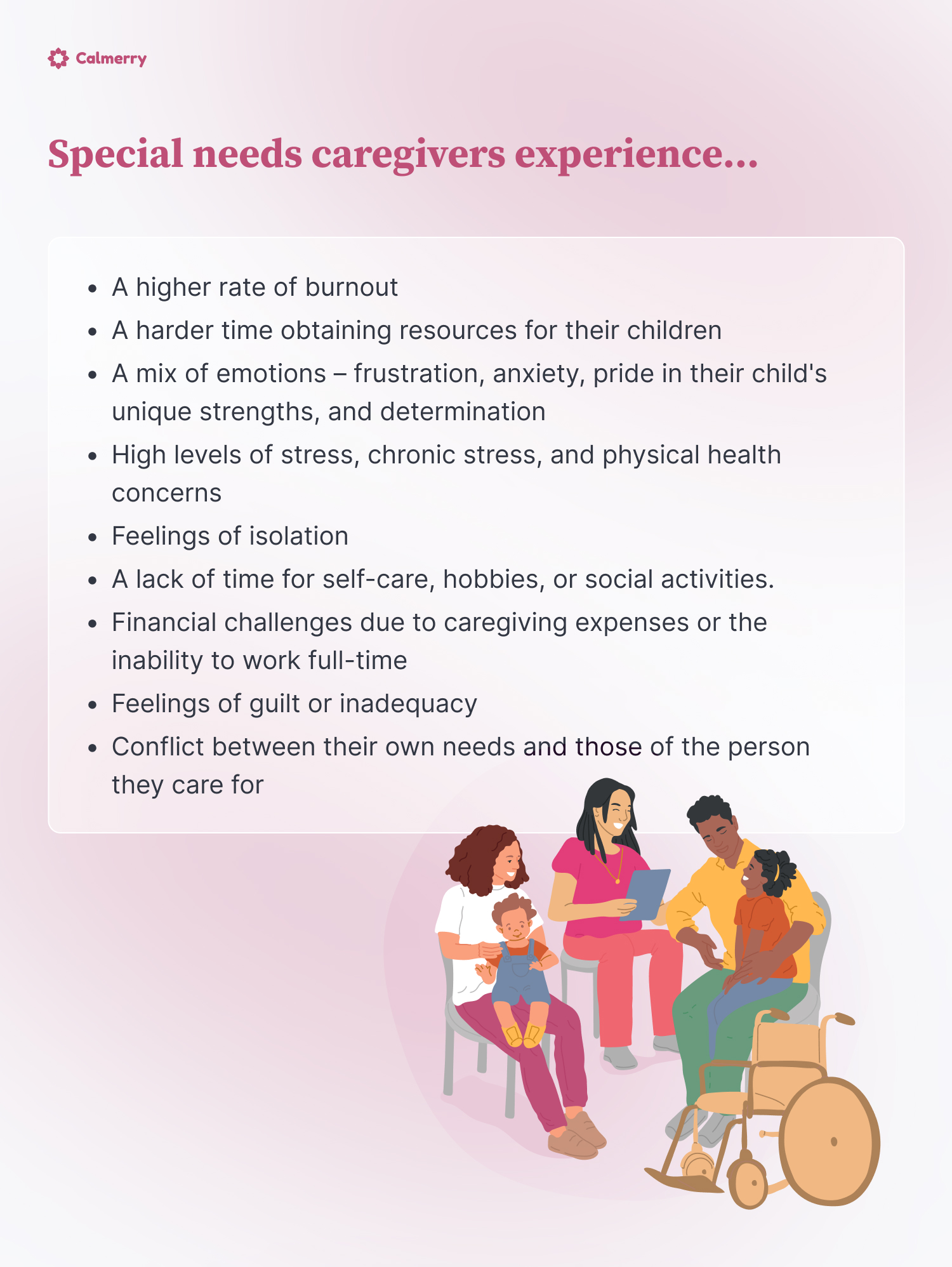 Special needs caregivers experience…
A higher rate of burnout
A harder time obtaining resources for their children
A mix of emotions – frustration, anxiety, pride in their child's unique strengths, and determination 
High levels of stress, chronic stress, and physical health concerns
Feelings of isolation
A lack of time for self-care, hobbies, or social activities. 
Financial challenges due to caregiving expenses or the inability to work full-time 
Feelings of guilt or inadequacy
Conflict between their own needs and those of the person they care for
