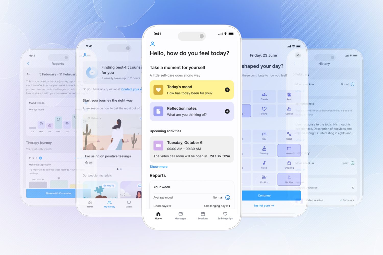 Welcome to the new home screen – your wellness dashboard. There are screenshots from an app to track your mental health.