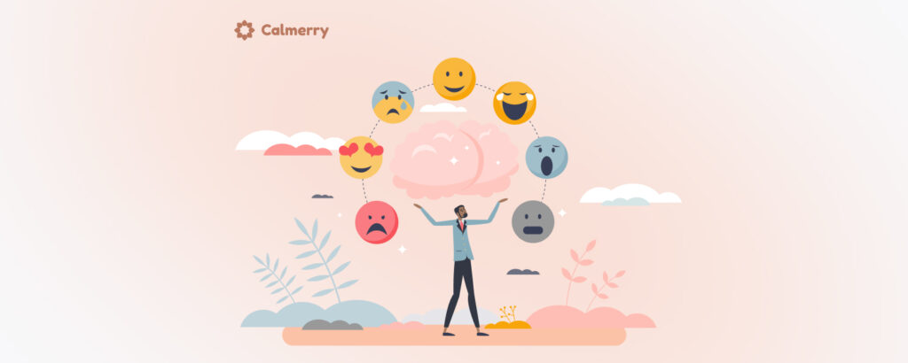 A man with a beard juggles emoticons of different emotions