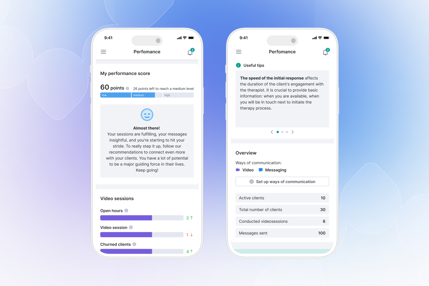 Calmerry is introducing the Performance System for mental health professionals. There are screenshots from an app to track your mental health.