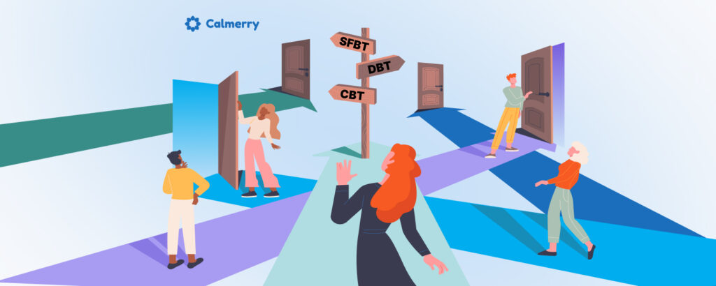 A colorful illustration depicting people choosing different types of therapy. In the center, a signpost points in various directions with labels 'SFBT', 'DBT', and 'CBT', each pointing towards a door. Individuals are seen stepping towards the doors or looking thoughtfully at them, representing the process of deciding on a therapy method. The backdrop has geometric shapes in shades of blue, purple, and white, with the 'Calmerry' logo in the corner, symbolizing a calm environment for making such decisions