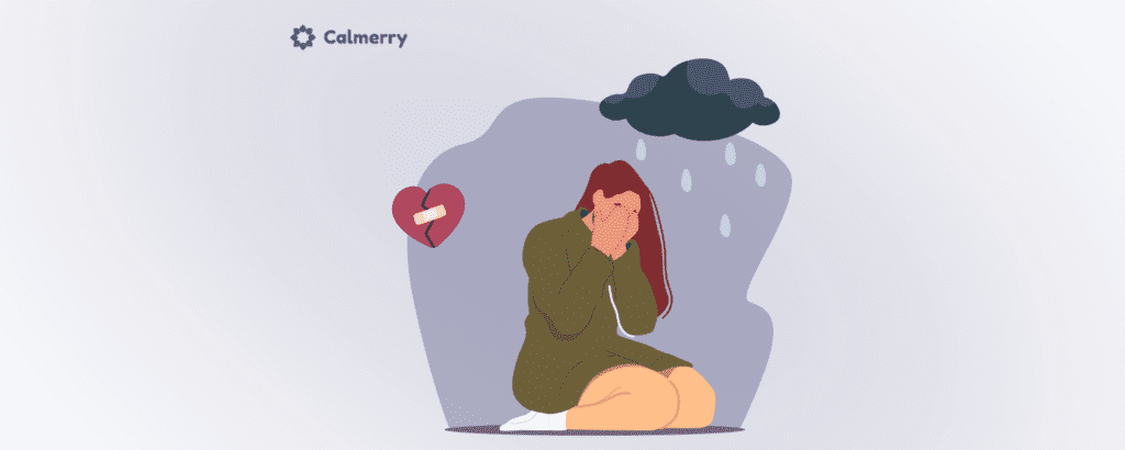 A woman experiencing bereavement kneels with her head in her hands as rain falls from a dark cloud above. A broken heart with a bandage symbolizes the pain of loss and grief.