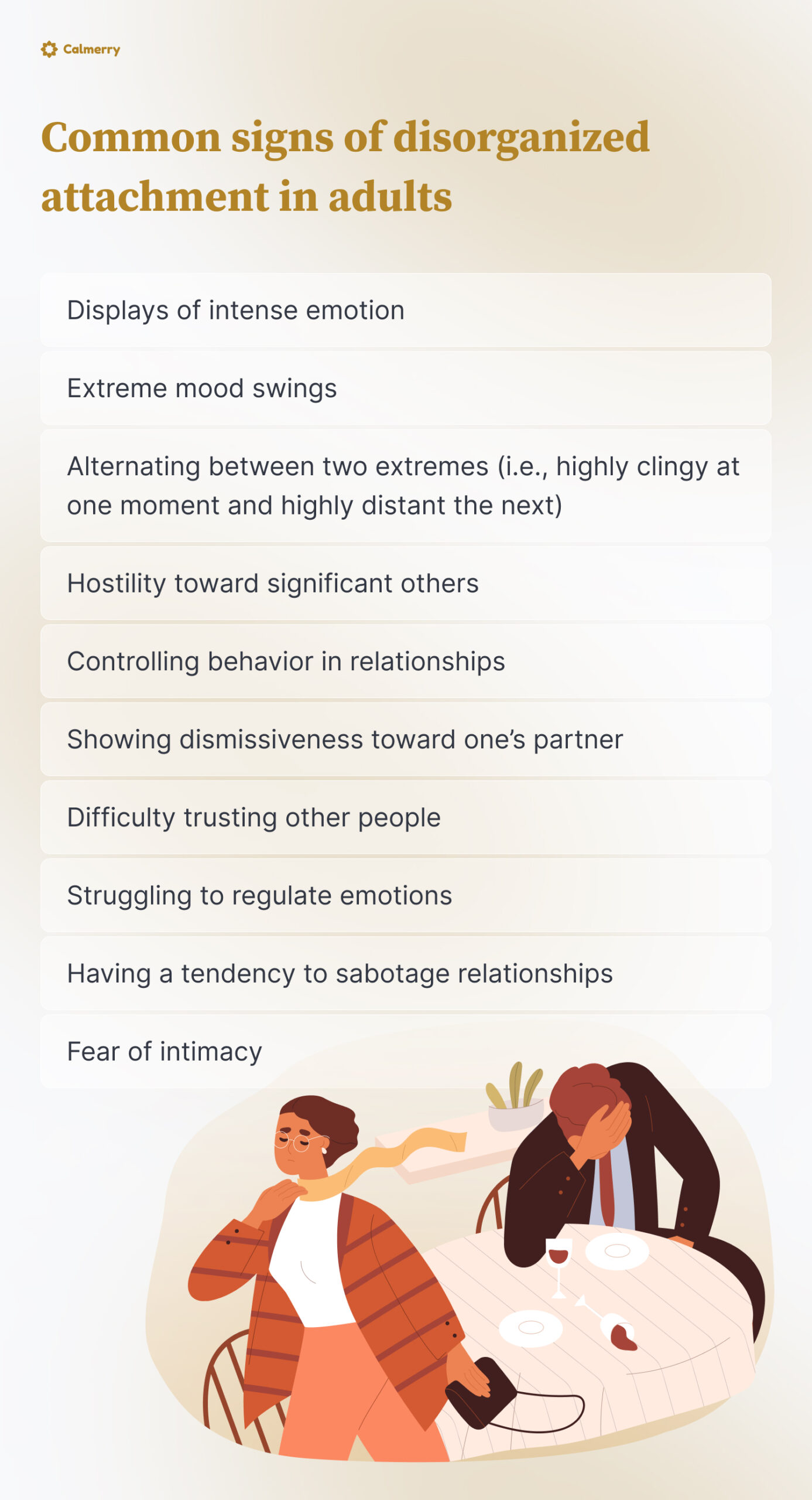 Сommon signs of disorganized attachment in adults
Displays of intense emotion
Extreme mood swings
Alternating between two extremes (i.e., highly clingy at one moment and highly distant the next)
Hostility toward significant others
Controlling behavior in relationships
Showing dismissiveness toward one’s partner 
Difficulty trusting other people
Struggling to regulate emotions 
Having a tendency to sabotage relationships
Fear of intimacy 