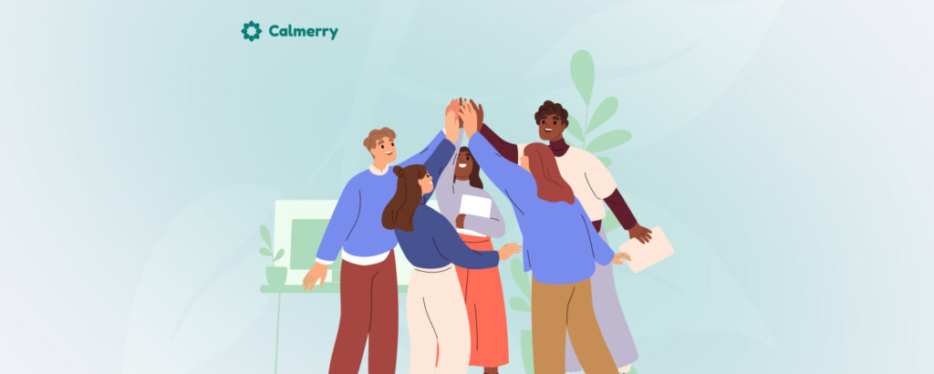 Diverse team members high-fiving each other in an office setting, symbolizing collaboration and support. This image represents strategies to support neurodivergent employees, promoting an inclusive and supportive work environment.