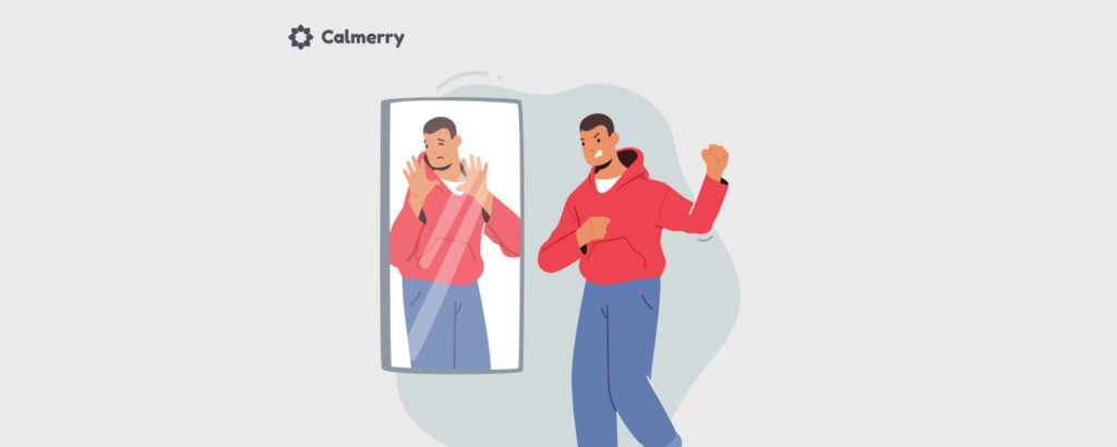 Illustration depicting a man looking at his reflection in a mirror, where his reflection shows a stressed expression while he appears confident and strong in reality. The Calmerry logo is visible in the top left corner.