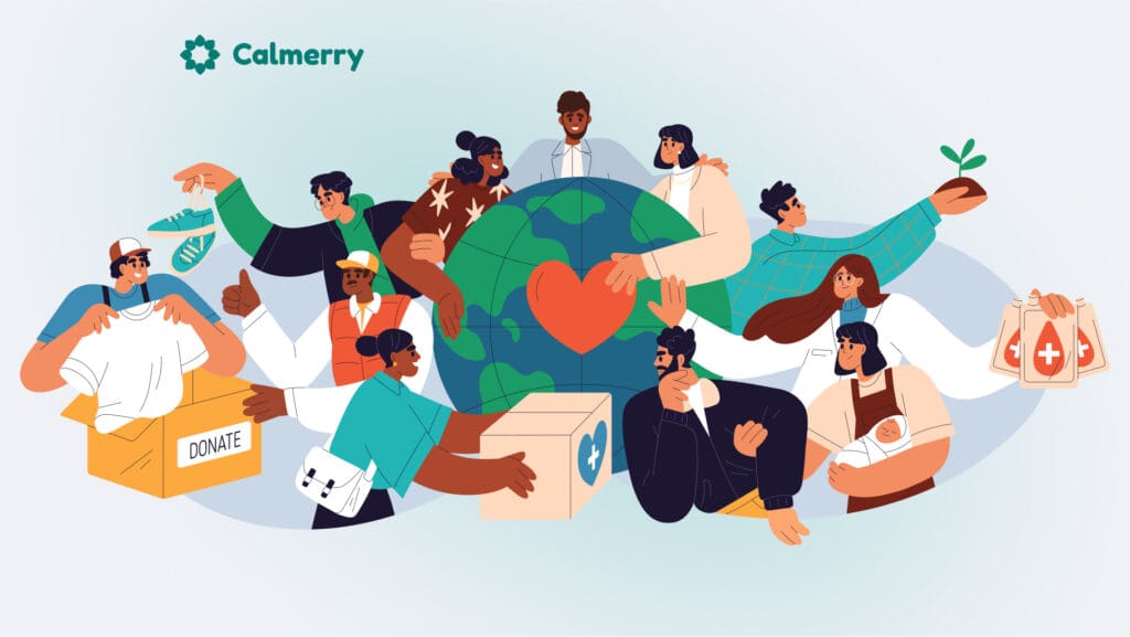 This image appears to be an illustration for an article about mental health challenges faced by nonprofit employees. It shows a diverse group of people working together around a globe with a heart at its center, symbolizing global humanitarian work. Various elements in the image represent charitable activities - donation boxes, medical supplies, and a small plant symbolizing growth.